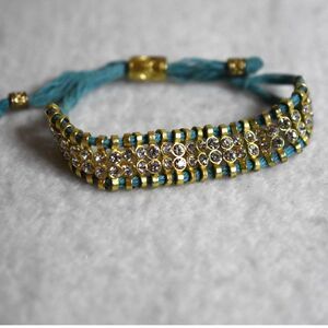 Trendy Teal Cord Gold Tone Rhinestone Adjustable Like New Bracelet